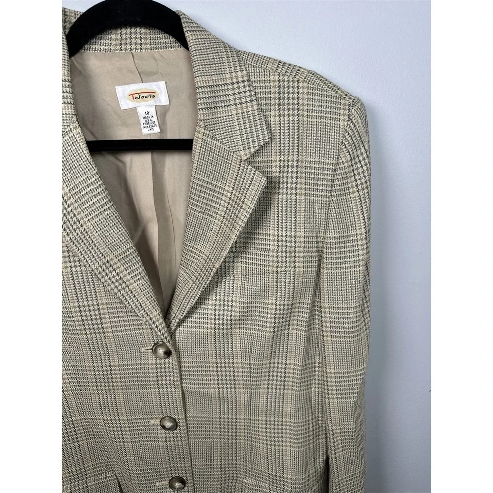 Vintage Talbots Blazer Womens Size 10 Beige Plaid Button Lined Silk Blend USA